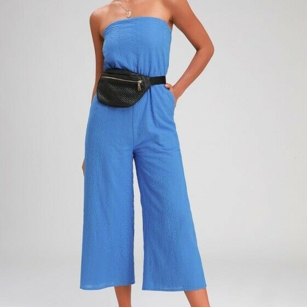New Lulus Sunlight Special Blue Embroidered Jumpsuit Womens